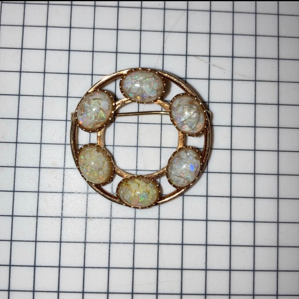 Vintage 12K Gold Filled Hallmarked Designer Oval Opalite Stone Circle Brooch Pin